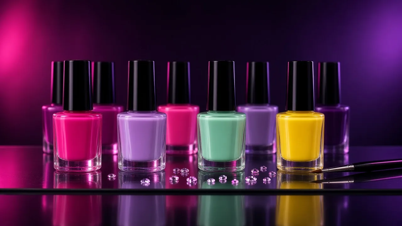 Rows of glossy nail polish bottles in hot pink, lilac, mint and yellow on a dark glass shelf under neon light
